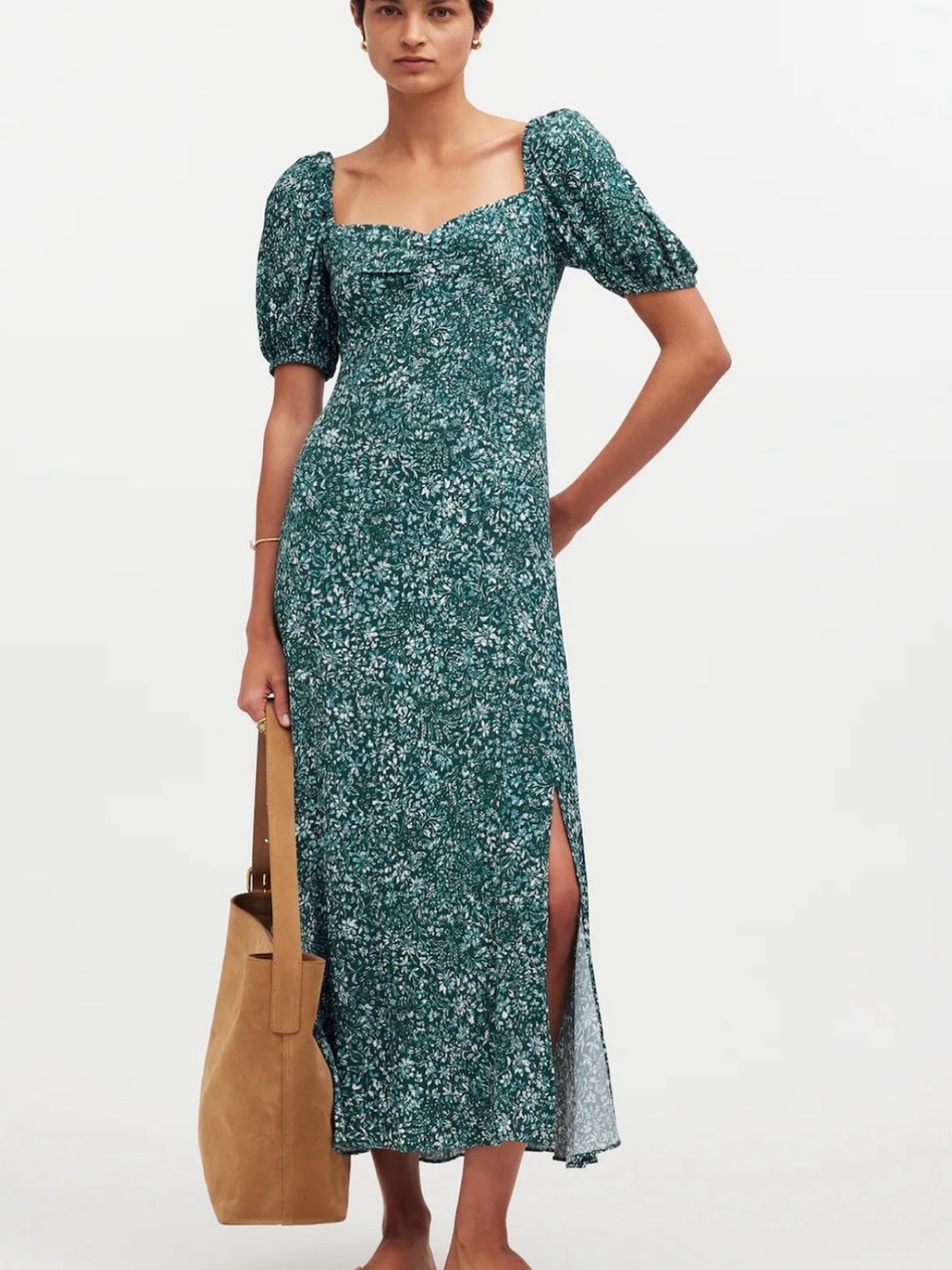 NWT Madewell Puff-Sleeve Sweetheart Midi Dress in Floral Green Ditsy size 6